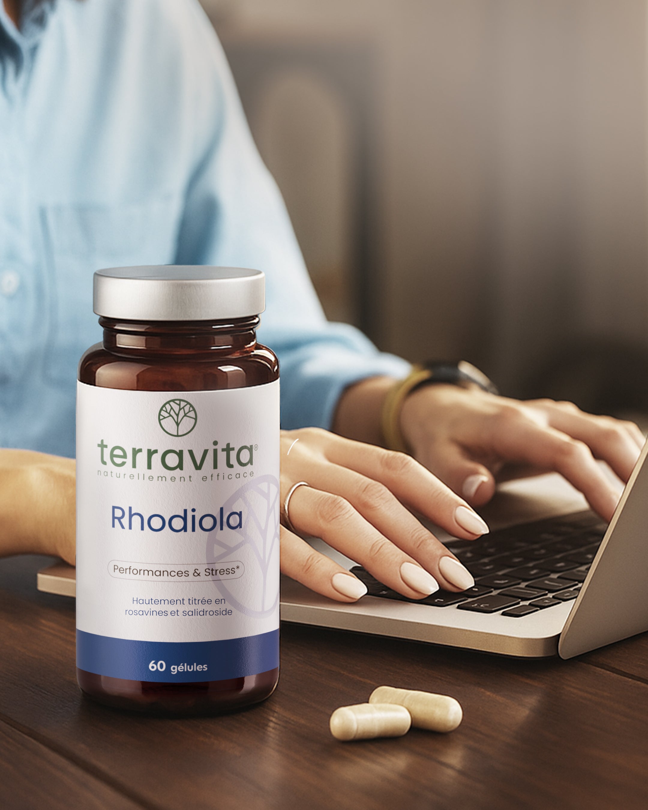 Flacon et gélules de rhodiola
