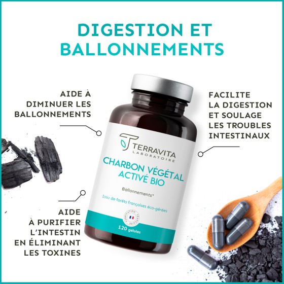 Charbon végétal activé favorise la digestion, évite les ballonnements