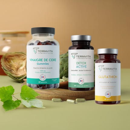 Les compléments Detox Terravita Glutathion, vinaigre de cidre, Detox active