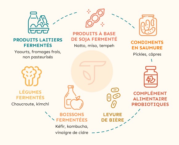 les probiotiques dans l'alimentation : soja et légumes fermenté, condiments, levure de bière, produits laitiers non pasteurisés