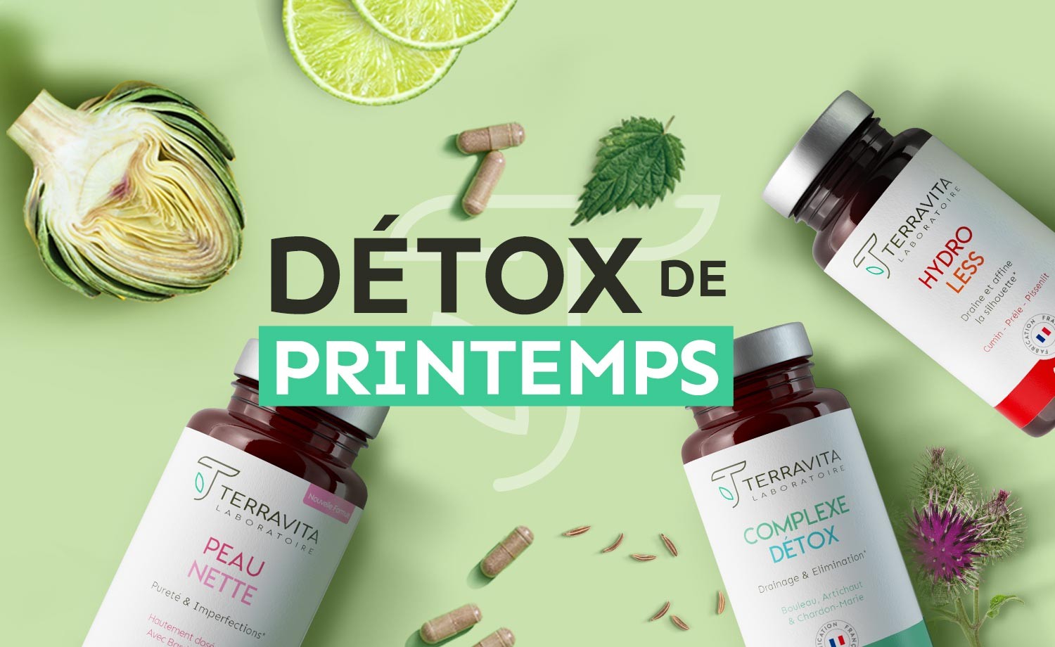 Les trois essentiels pour une détox réussie : Complexe Détox, Peau Nette et Hydro Less.