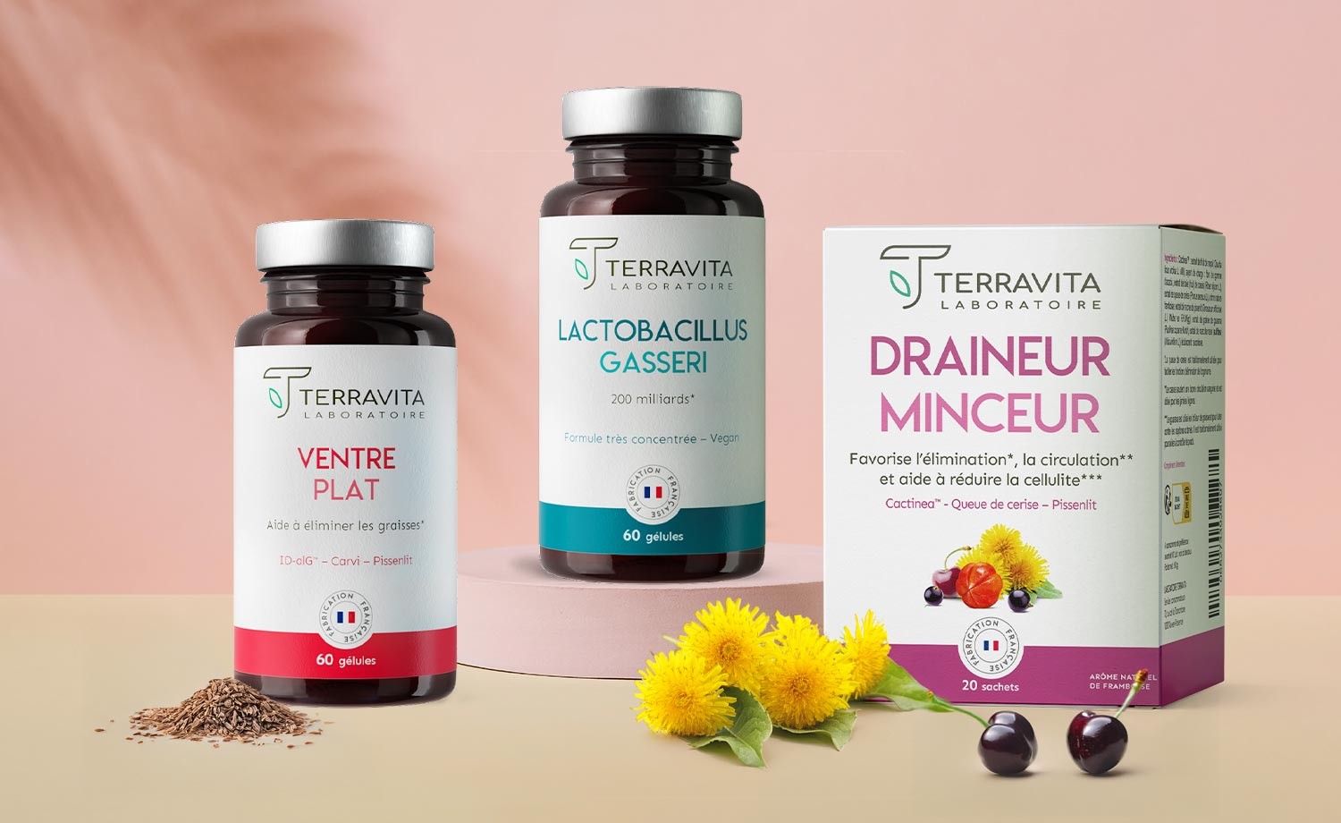 Les trois essentiels pour vous sentir bien au quotidien : L-Gasseri, Ventre plat et Draineur minceur.