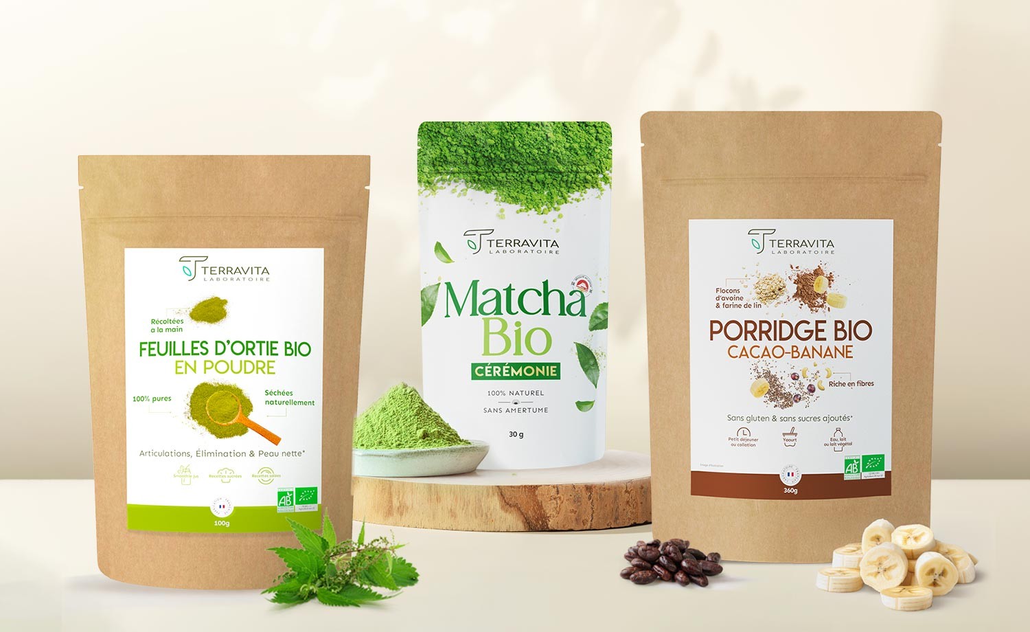 Qualité, naturalité, efficacité : découvrez nos nouveautés Matcha, Ortie et Porridge  à intégrer dans votre alimentation.