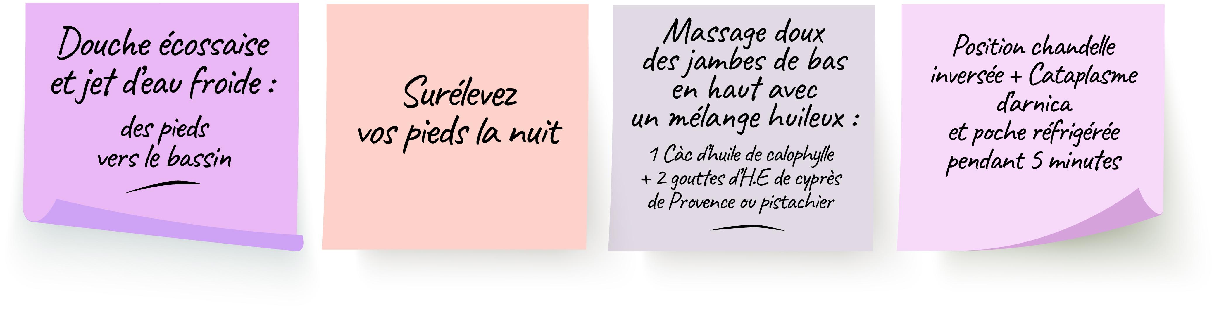 astuces pour soulager les jambes lourdes : jet d'eau froide, surélever les pieds, massages doux de bas en haut, position de chandelle inversée, cataplasme d'arnica, poches réfrigérées, bas de contention